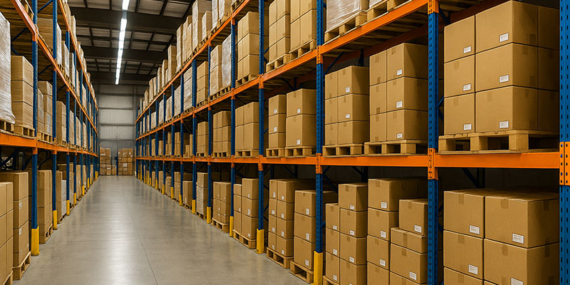 Almacenamiento seguro de inventario en estanterías.